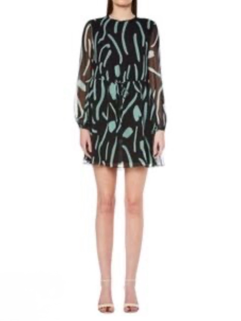 DVF Silk Long-sleeve Mini Dress abstract Mint Brushstroke Print Open Back size 6